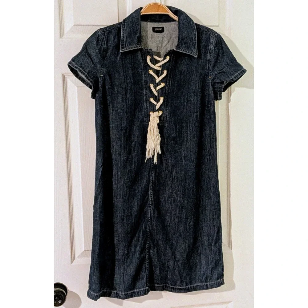 J. Crew Denim Chambray‎ Lace Up Shirt Dress Blue Size 2 Short Sleeve NWOT  $98